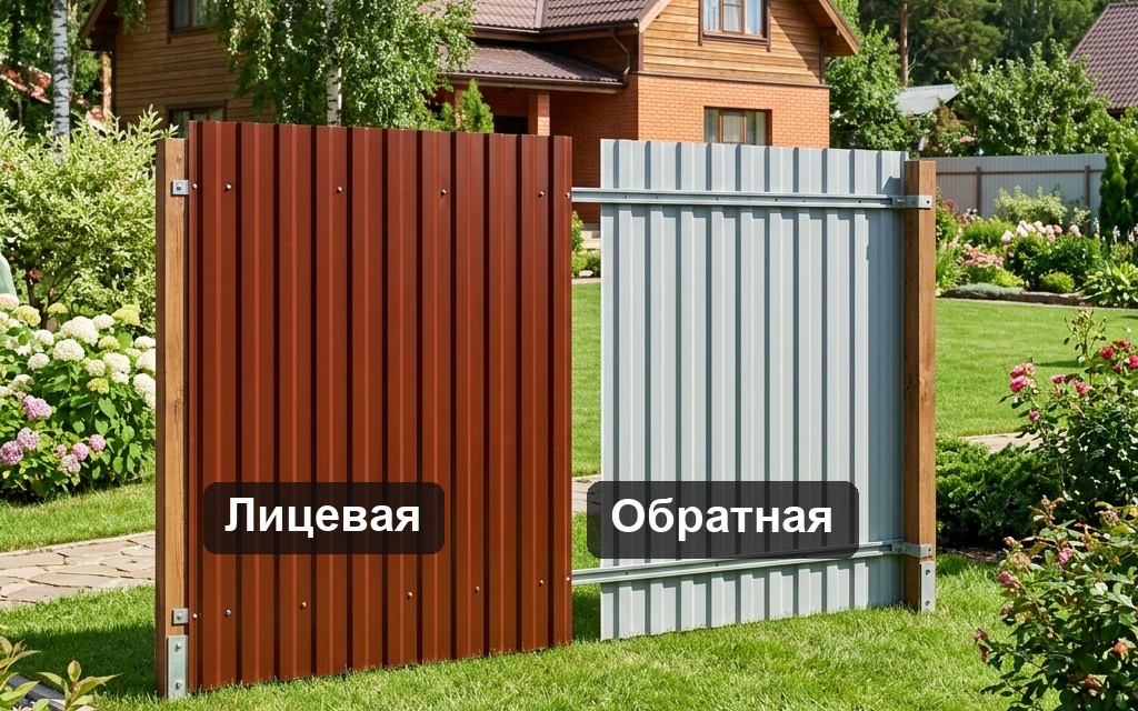 Профнастил: лицевая цветная сторона и обратная серая сторона с грунтовкой