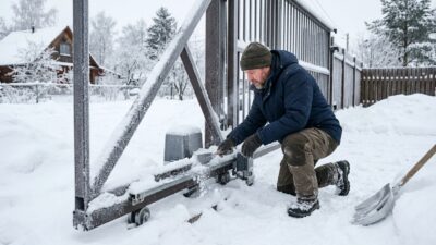 Откатные ворота зимой: обмерзание, чистка снега и уход